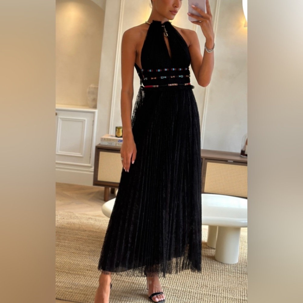 VALENTINO Rare Vintage Couture Elegant Black Halter Maxi Aztec Dress